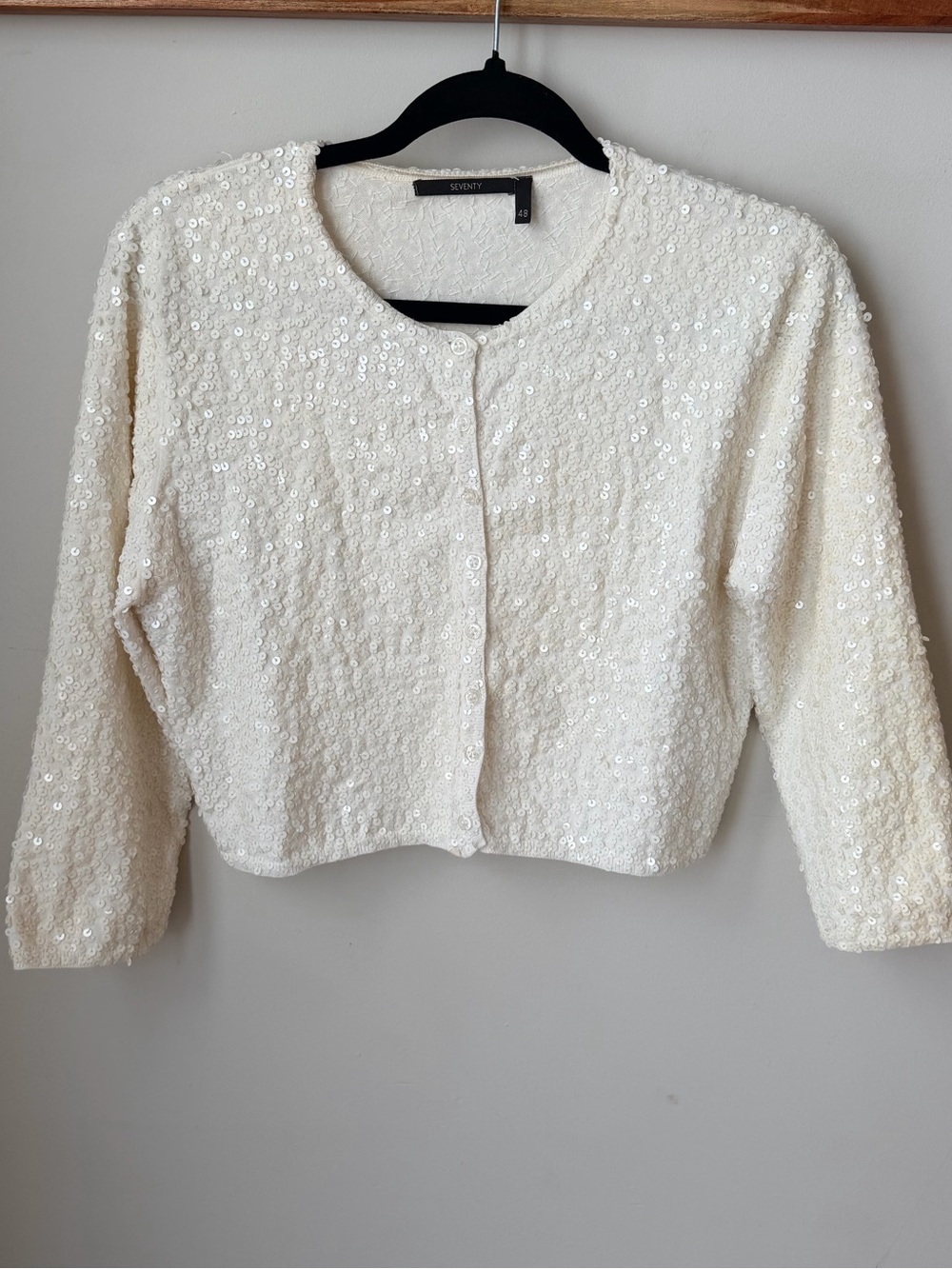 Seventy Italian Ivory Sequin Cropped Cardigan • Quiet Luxury • Party Glam